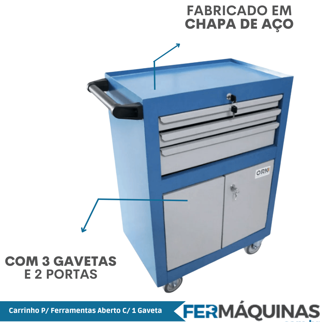 Carrinho Manutenção c/ 3 Gavetas e 2 Portas CAR070 ORK